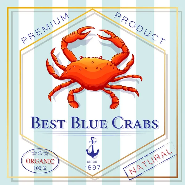 seafood label or blue crab banner. Vintage sea food badge or poster with crab and anchor silhouette on blue striped background. retro style template for fish restauran, menu or product design.