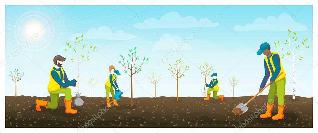 people planting trees in brown fertile soil. horizontal flat illustration. teenagers or volunteers is seeding and watering sapling in field, garden or park. springtime work. Arbor Day banner