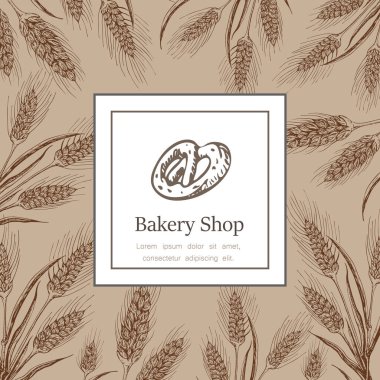 Fırın, pastane etiketi, logo, buğday kulaklı broşür, simit ve harf. fırın arka planı. Vektör el çizimi çizimi çizimi. Fırın için pankart, ekmek paketleme tasarımı