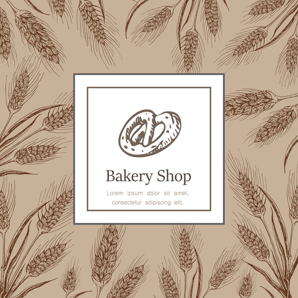 Bakery, pastry shop label, logo, flyer template with wheat ears frame, pretzel and lettering. bakeshop background. vector hand drawn sketch illustration. banner for bakehouse, bread packaging design
