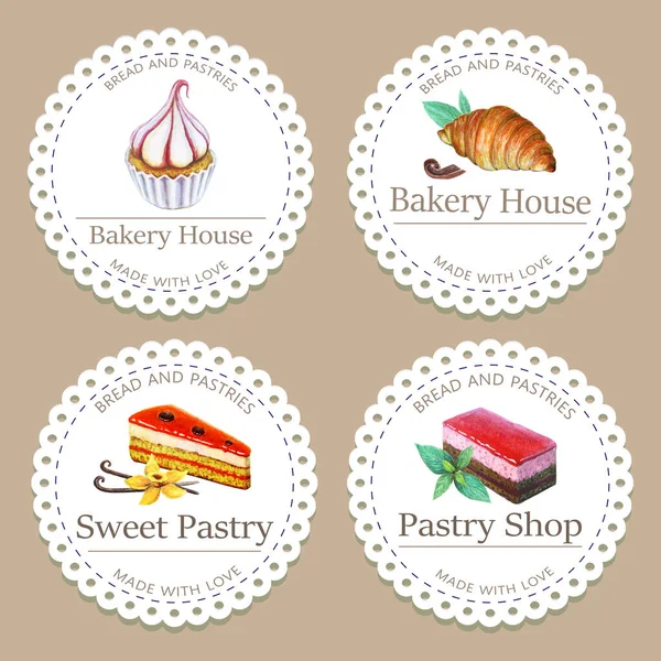 Panadería, etiqueta de pastelería, colección de logotipos aislados. Conjunto de insignias redondas, plantillas de pegatinas para panadería o pastelería, para diseño de envases. Estilo vintage, acuarela dibujada a mano. panadería, pancarta de la tienda . — Foto de Stock