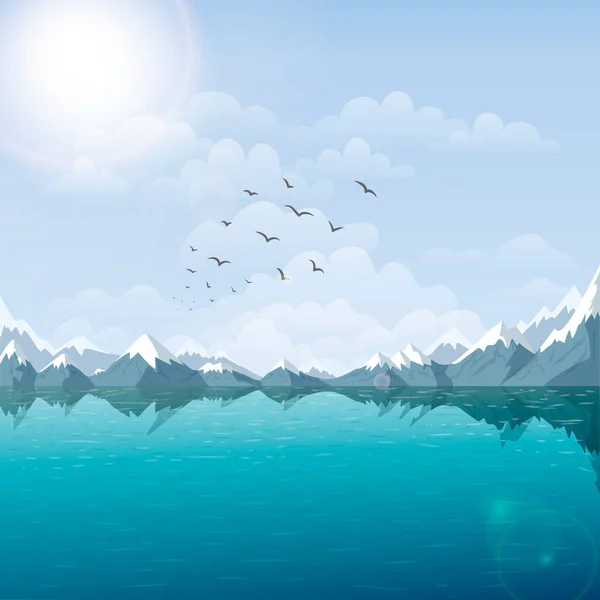 Vektor See und Berglandschaft Illustration. schöne Naturkulisse mit Flussufer und Blick auf Schneegipfel an sonnigen Sommertagen. Felsen Wasser und blauer Himmel. ruhige Outdoor-Szene mit fliegenden Vögeln — Stockvektor