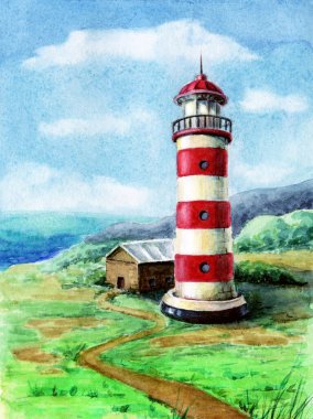 Deniz feneri olan deniz manzarası. Deniz kıyısındaki deniz fenerinin suluboya resmi. Uçurumunda kırmızı çizgili deniz feneri, patika, mavi gökyüzü. Güzel doğa geçmişi. Açık hava gezisi posteri.