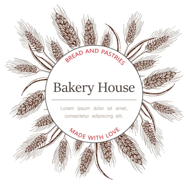 Bakery, pastry shop label, logo, flyer template with wheat ears wreath and lettering on white background. bakeshop hand drawn sketch illustration. banner for bakehouse, bread packaging design.
