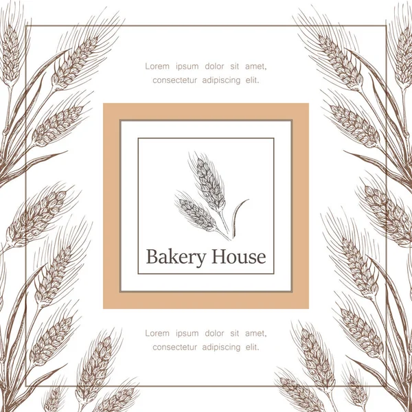Bakery, pastry shop label, logo, flyer template with wheat ears frame, pretzel and lettering. bakeshop background. hand drawn sketch illustration. banner for bakehouse, bread packaging design. — Stock Photo, Image
