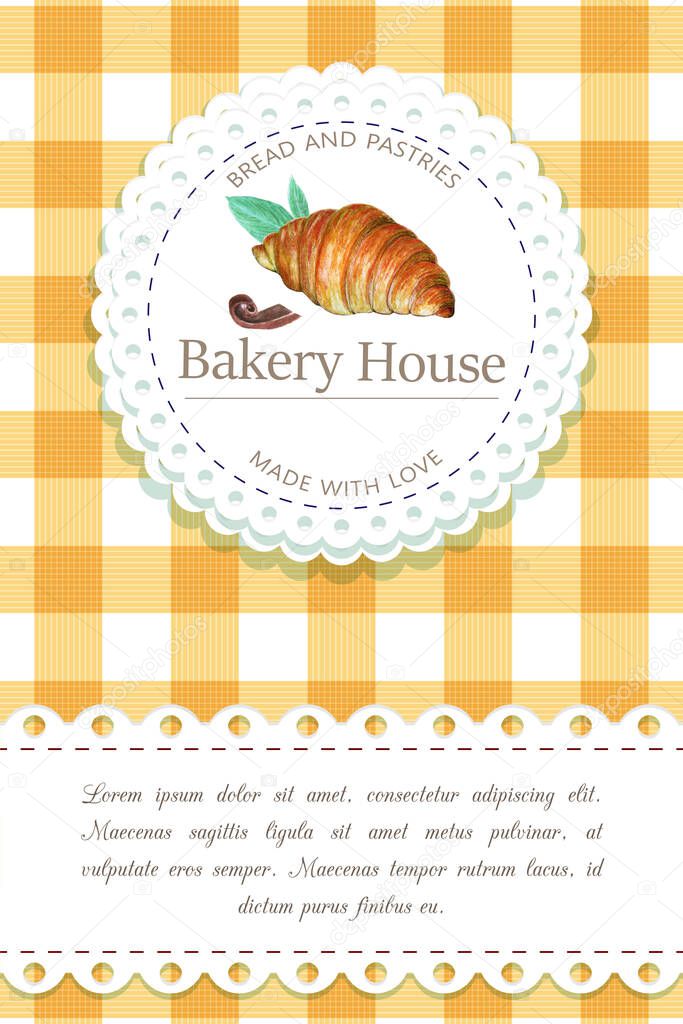 Bakery, pastry shop label, logo, flyer template with croissant illustration and lettering. bakeshop background in retro vintage style. banner for bakehouse, bread packaging design. watercolor sketch.