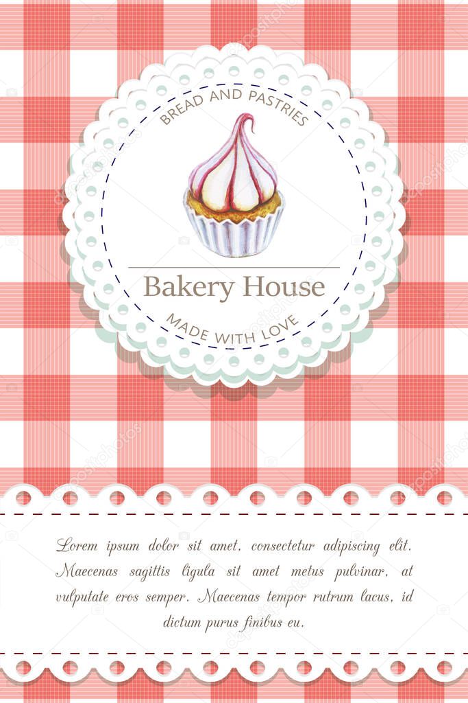 Bakery, pastry shop label, logo, flyer template with cupcake illustration, lettering. bakeshop background in retro vintage style. banner for bakehouse, bread packaging design. drawn watercolor sketch
