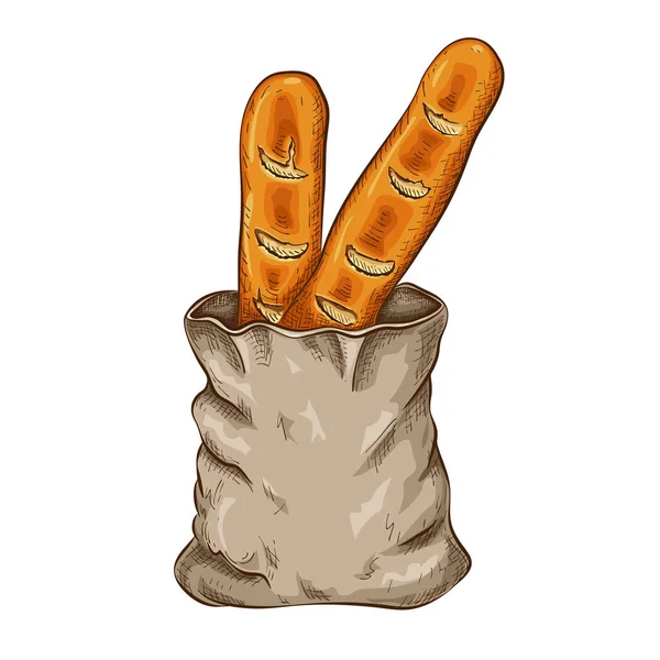 Pão Desenhado Mão Isolado Branco Baguetes Francesas Tradicionais Saco Papel — Vetor de Stock