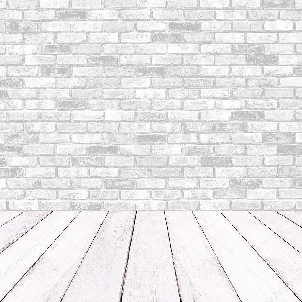 Wooden white balcony and brick wall background