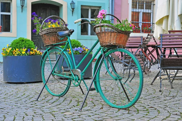 Cykel med blommor på gatan — Stockfoto