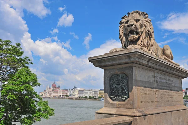 Lion monument and skyline of Budapest — Stock Photo, Image