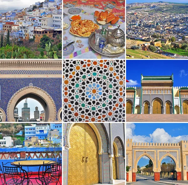 Colagem de viagem Marrocos. Conjunto de imagens de Fes e Chefchaouen — Fotografia de Stock