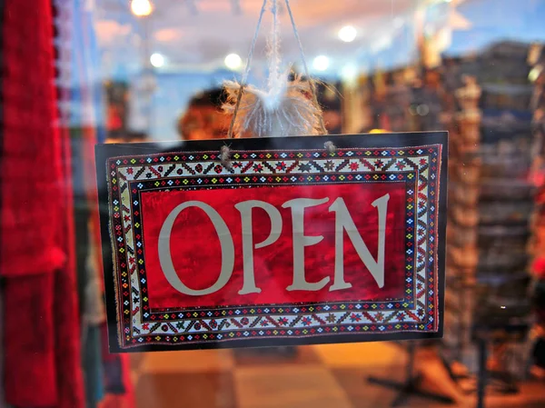 Hanging open sign in the street shop — Stok Foto