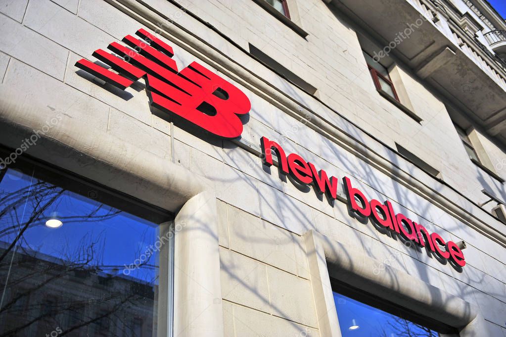 MOSCOW, RUSSIA - MAY 02: Logo of New Balance flagship store, Moscow on May 2, 2018.