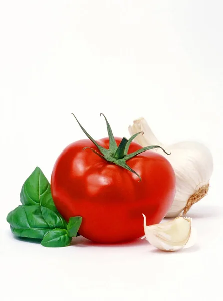 Tomato, basil and garlic isolated — Stock Photo, Image
