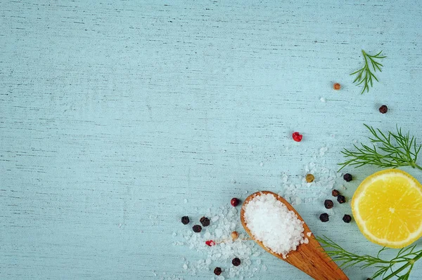 Sea salt, peppercorns, lemon, dill — Stock Photo, Image