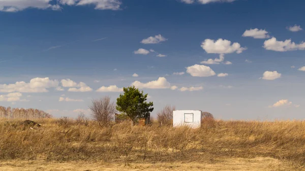 Bahar doğa manzara. Beyaz duvarlar, kırık evde ve bir ağacın yanında tarafından bulutlu gökyüzü arka planı alanında terk.
