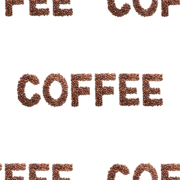 Слово Кофе Кофейных Зерен Белом Фоне Бесшовный Узор Тему Напитков — стоковое фото