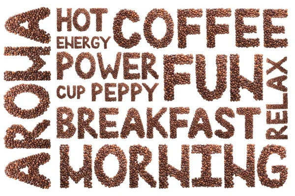 Beyaz arka plan üzerinde kahve çekirdekleri sözler. Tema kahve ve Günaydın.