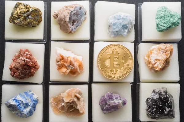 Araştırma mineraller ile kıyasen Kripto para birimi. Bitcoin ve renkli taşlar.