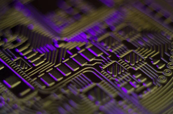 Bilgisayar çipi içinde sarı ve mor tonları.