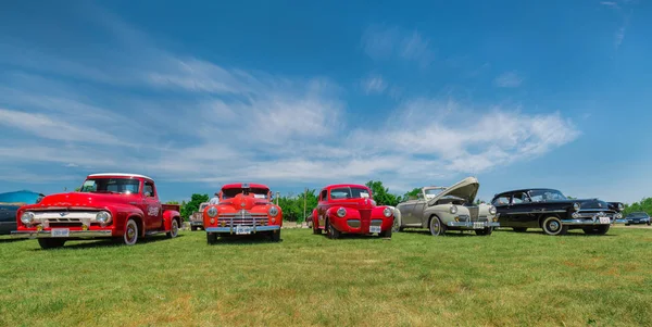 Incrível vista frontal de carros antigos clássicos no campo no parque — Fotografia de Stock