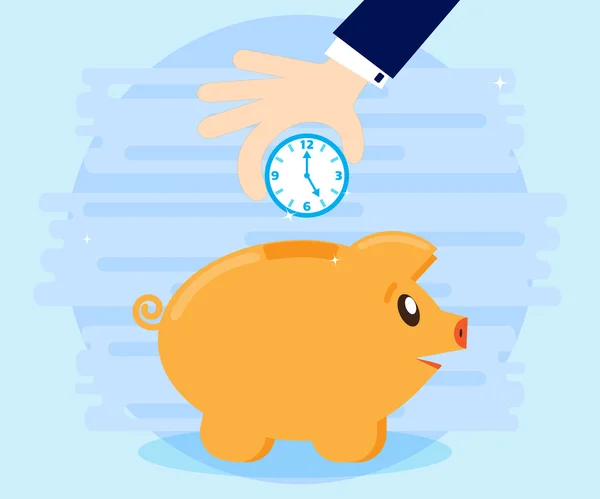 El hombre de negocios entrega el reloj en la hucha de cerdos. Concepto de negocio. Tiempo más que dinero. El tiempo es una inversión. Estilo plano — Archivo Imágenes Vectoriales