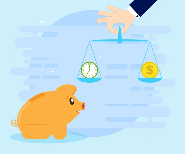 Gris piggybank fattar beslut mellan tid eller pengar, tid är pengar koncept. Balans mellan tid och pengar. Platt stil — Stock vektor