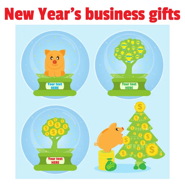 Nya året affärsgåvor. Spargris, pengar träd och träd med idéer i jul snowjordklot. Framgångsrika investeringar ge rikedom som tillåter dig att göra presenter. Spargris dekorera mynt julgran — Stock vektor