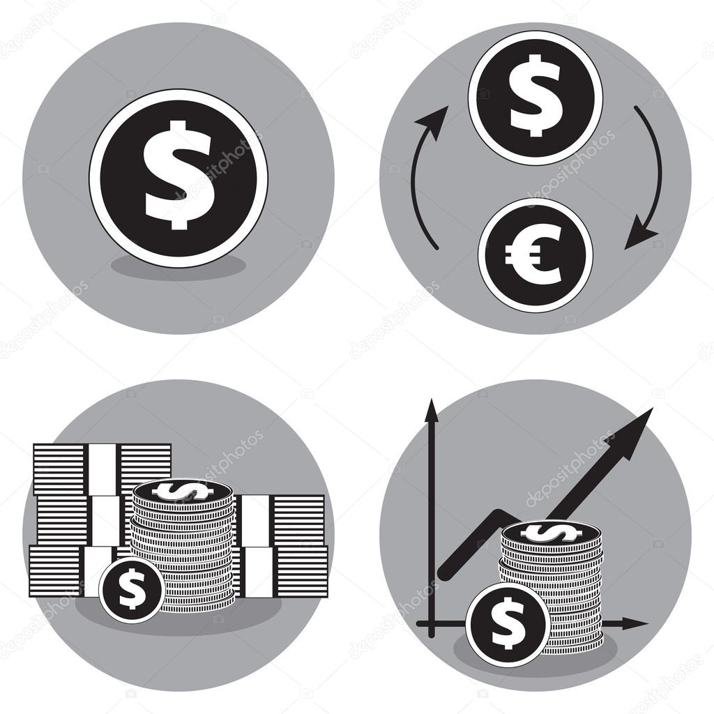 Business icons in black and white. Dollar vector icon. Exchange dollars for euros. Currency exchange and money concept symbol. Stack of cash. Financial growth icons, symbol of growing chart with coins