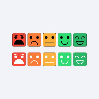 Renk ayarlama kare simgesi konunun. Sırası, duygular, suratlar, emoji şeklinde memnuniyeti derecelendirme düzeyi. Mükemmel, iyi, normal, kötü, çok kötü. Geribildirim, kullanıcı deneyimi düz simgesi. Vektör