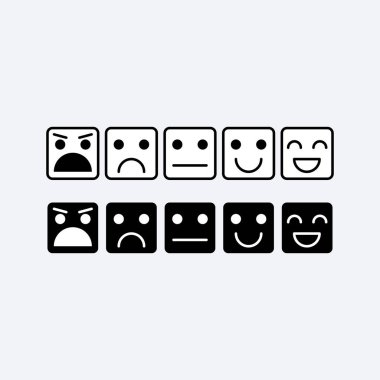 Siyah beyaz kare simgesi konunun ayarlayın. Sırası, duygular, suratlar, emoji şeklinde memnuniyeti derecelendirme düzeyi. Mükemmel, iyi, normal, kötü, çok kötü. Geribildirim, kullanıcı deneyimi düz simgesi. Vektör