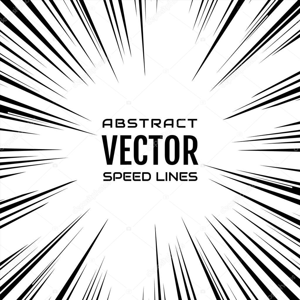 Many black comic radial speed Lines on white base. Effect power explosion illustration. Comic book design element. Graphic explosion with speed lines in comic book style. Vector Illustration