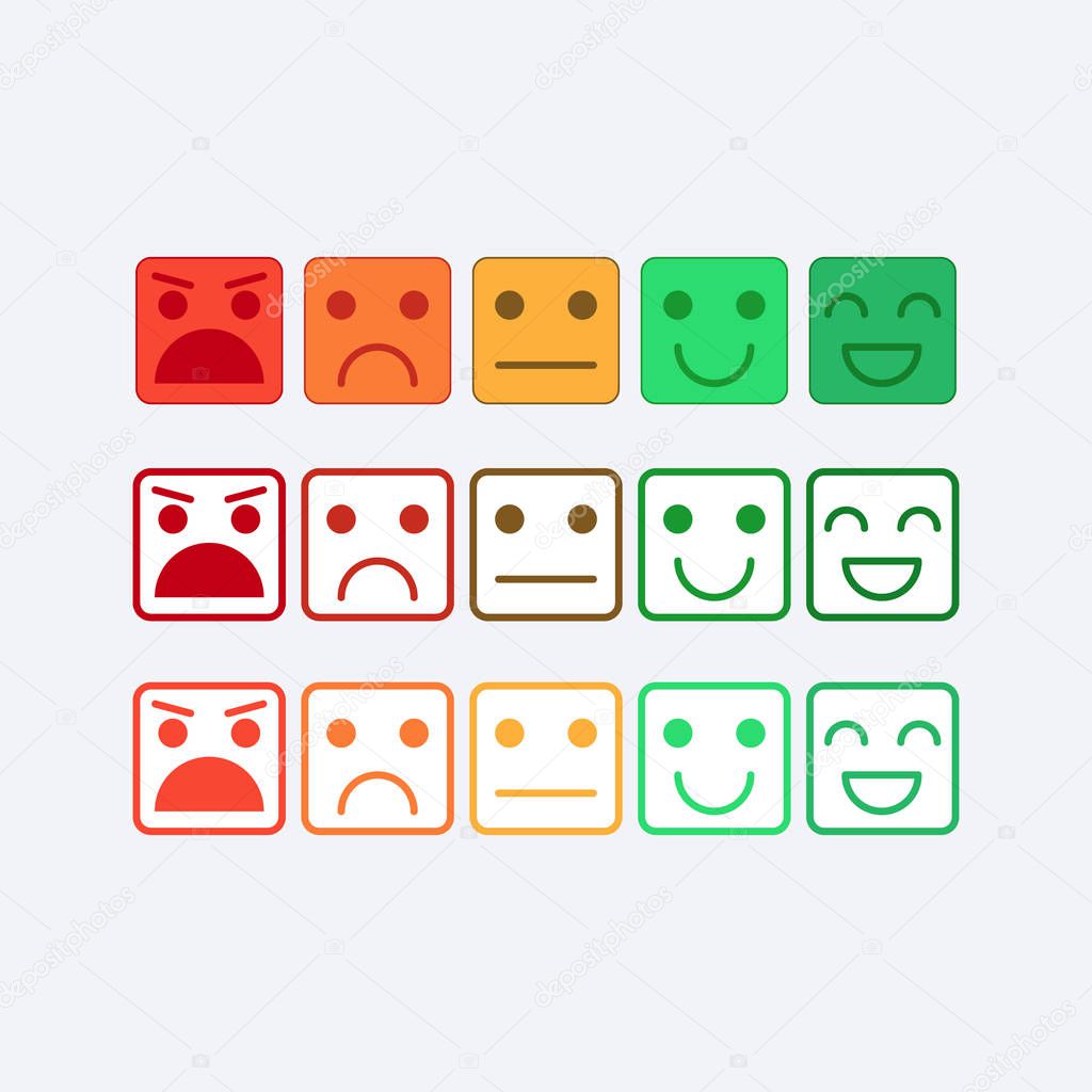 Color set square icon of Emoticons. Rank, level of satisfaction rating in form of emotions, smileys, emoji. Excellent, good, normal, bad, awful. Feedback, user experience in flat icon. Vector
