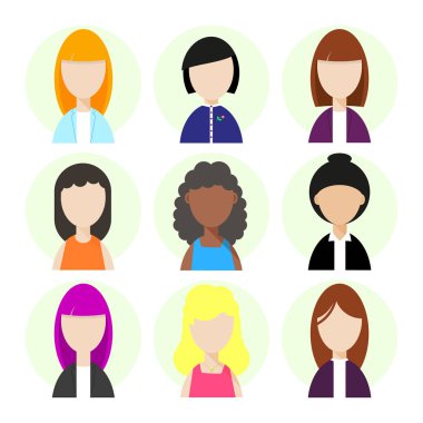 Kadın avatarları toplama yüzü. Düz insanlar yüz simgeler kümesi. Beyaz arka plan üzerinde izole Modern tasarım karakter simgeler. Portre avatar kavramı. Vektör