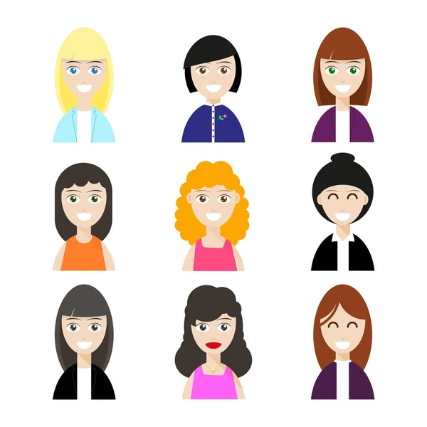 Collezione avatar donna. Set di persone piatte faccia icone. Icone dal design moderno isolate su sfondo bianco. Concetto di avatar ritratto. Vettore — Vettoriale Stock