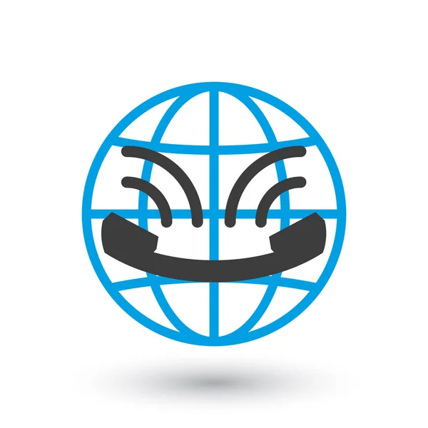 Icône centre d'appels en style plat, ressemble à sourire. Logo Globe et combiné vintage avec ondes sonores. Icône isolée sur fond blanc. Vecteur — Image vectorielle