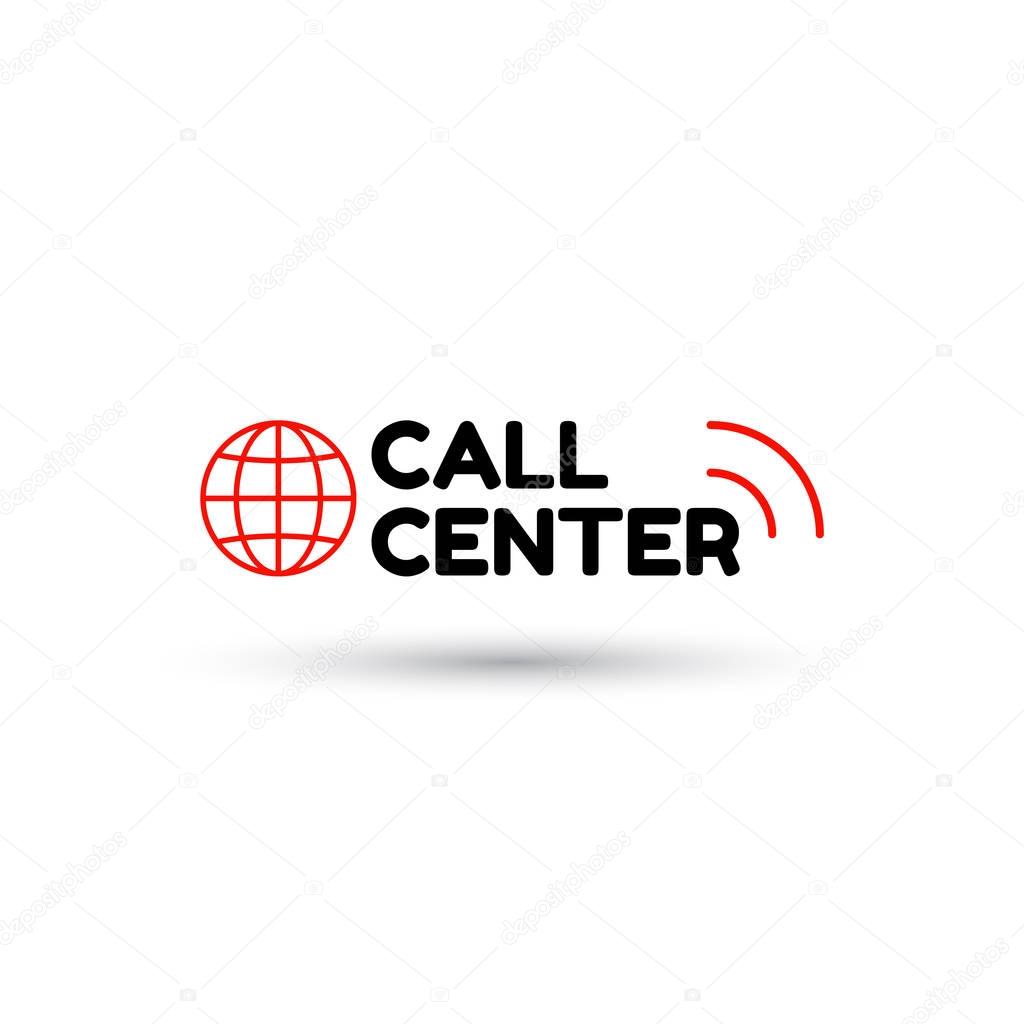 Red logo call center in flat style. Globe and inscription call center with sound waves. Icon isolated on white background. Vector illustration