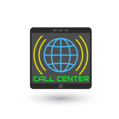 Simge Çağrı Merkezi, düz stil. Ses dalgaları ile dikey mobil tablet içinde dünya renkli logo. Beyaz arka plan üzerinde izole simgesi smartphone. Vektör