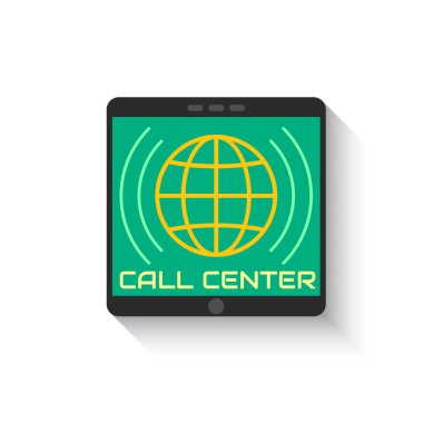 Yeşil tarzı simgesi çağrı merkezi tablet ekranında. Logo kürenin içinde ses dalgaları ile dikey hareket eden aygıt. Beyaz arka plan üzerinde izole düz Stil simge akıllı telefon. Vektör