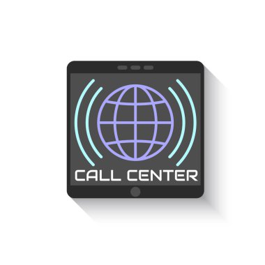 Tablet ekrandaki simge çağrı merkezi. Logo kürenin içinde ses dalgaları ile dikey hareket eden aygıt. Beyaz arka plan üzerinde izole düz Stil simge akıllı telefon. Vektör