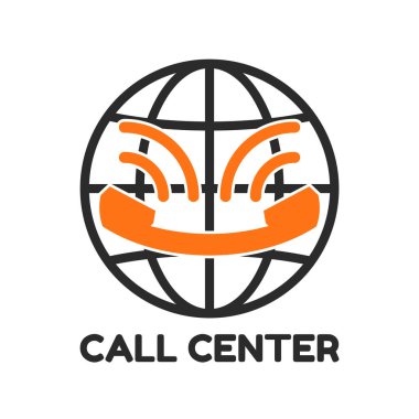 Turuncu eski telefon ahizesi ses dalgaları, yazıt çağrı merkezi ve dünya arkasında. Logo Çağrı Merkezi, düz stil, gülümseme gibi görünüyor. Beyaz arka plan üzerinde izole simgesi. Vektör