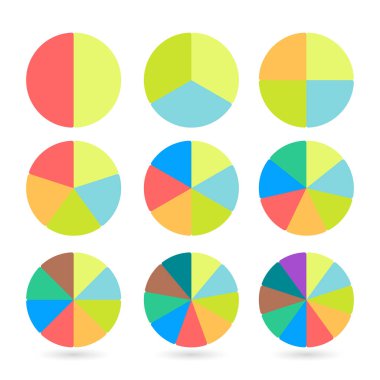 Renkli pasta grafikleri kümesi. Düz stil şablonları Sektörel grafiklerde. Renkli öğeleri infographics için. Vektör