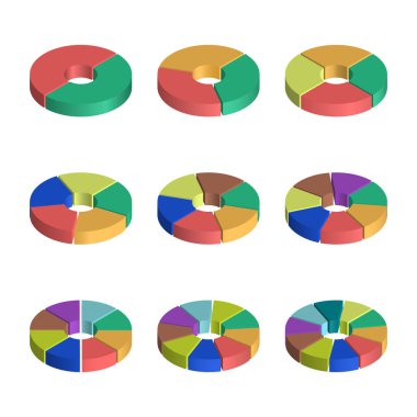 Set of bulk isometric pie charts. Templates realistic three-dimensional pie charts. Business data, colorful elements for infographics. Vector clipart