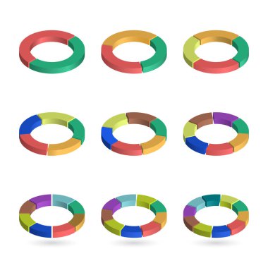 Toplu izometrik pasta grafikler yüzük formunda ayarlayın. Şablonları gerçekçi üç boyutlu pasta grafikler. İş verilerini, infographics için renkli öğeleri. Vektör