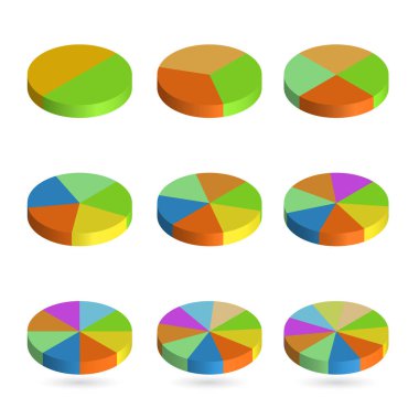 Toplu izometrik pasta grafikleri kümesi. Şablonları gerçekçi üç boyutlu pasta grafikler. İş verilerini, infographics için renkli öğeleri. Vektör