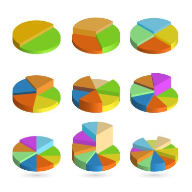 Set of bulk isometric pie charts different heights. Templates realistic three-dimensional pie charts. Business data, colorful elements for infographics. Vector clipart