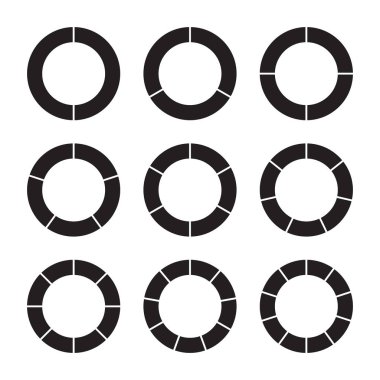 Siyah pasta grafikler yüzük formunda ayarlayın. Şablonları Sektörel grafikleri. İş verileri, tek renkli öğeleri infographics için. Vektör