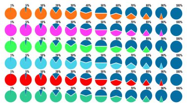 Renkli pasta grafikleri kümesi ile yüzde simetrik parçasını. Düz stil şablonları Sektörel grafiklerde. İş verilerini, infographics için renkli öğeleri. Vektör