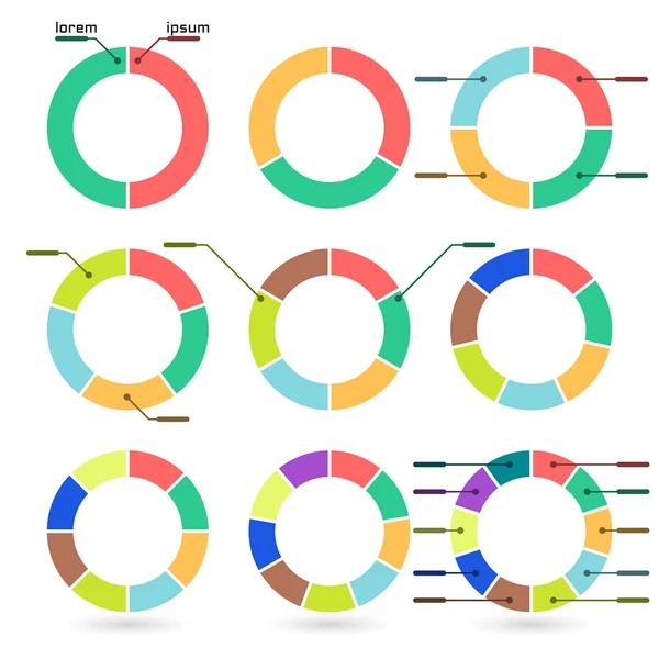 Set farbiger Kuchendiagramme in Ringform. Vorlagen sektorale Diagramme in flachem Stil. farbenfrohe Elemente für Infografiken. Vektor — Stockvektor